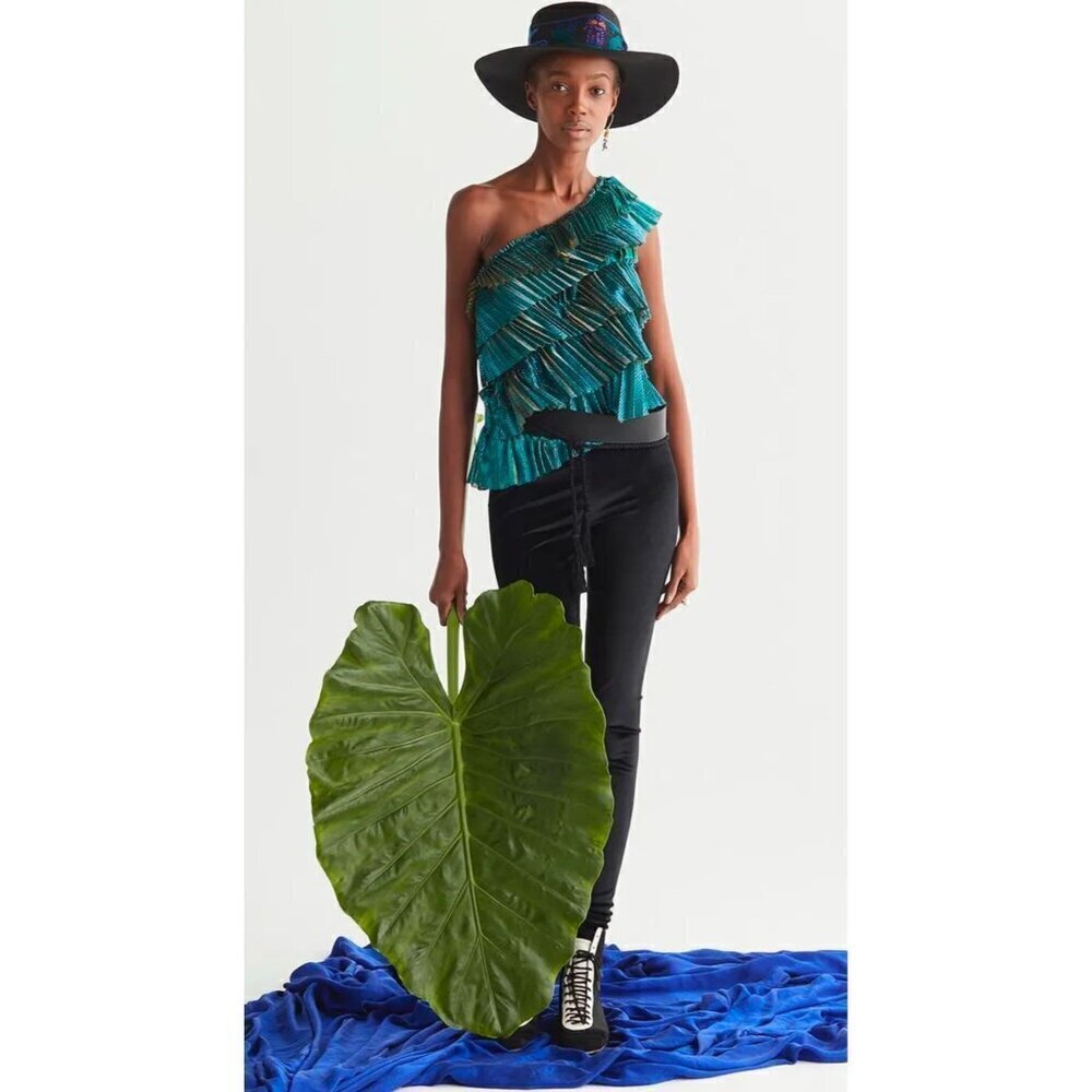 Forte Forte One Shoulder Ruffled Lame Blouse Emeraldo Womens Size 0 US 2